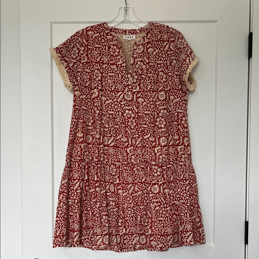 THML Red & Cream Printed Dress with Fringe Trim – Size M
